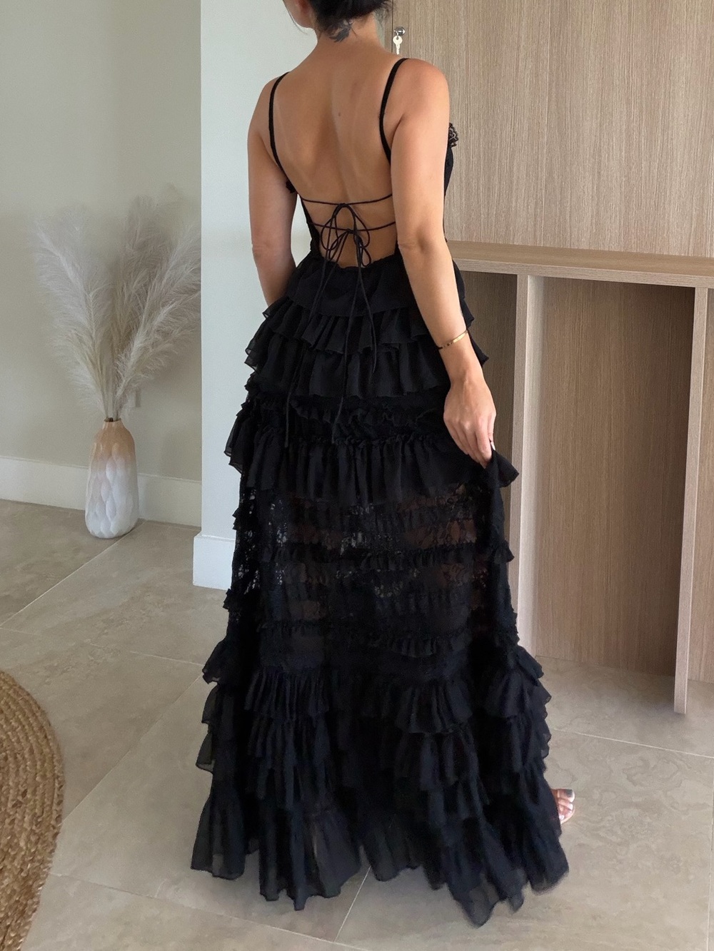 Reclaimed Vintage Black Lace Tiered Ruffle Evening Dress